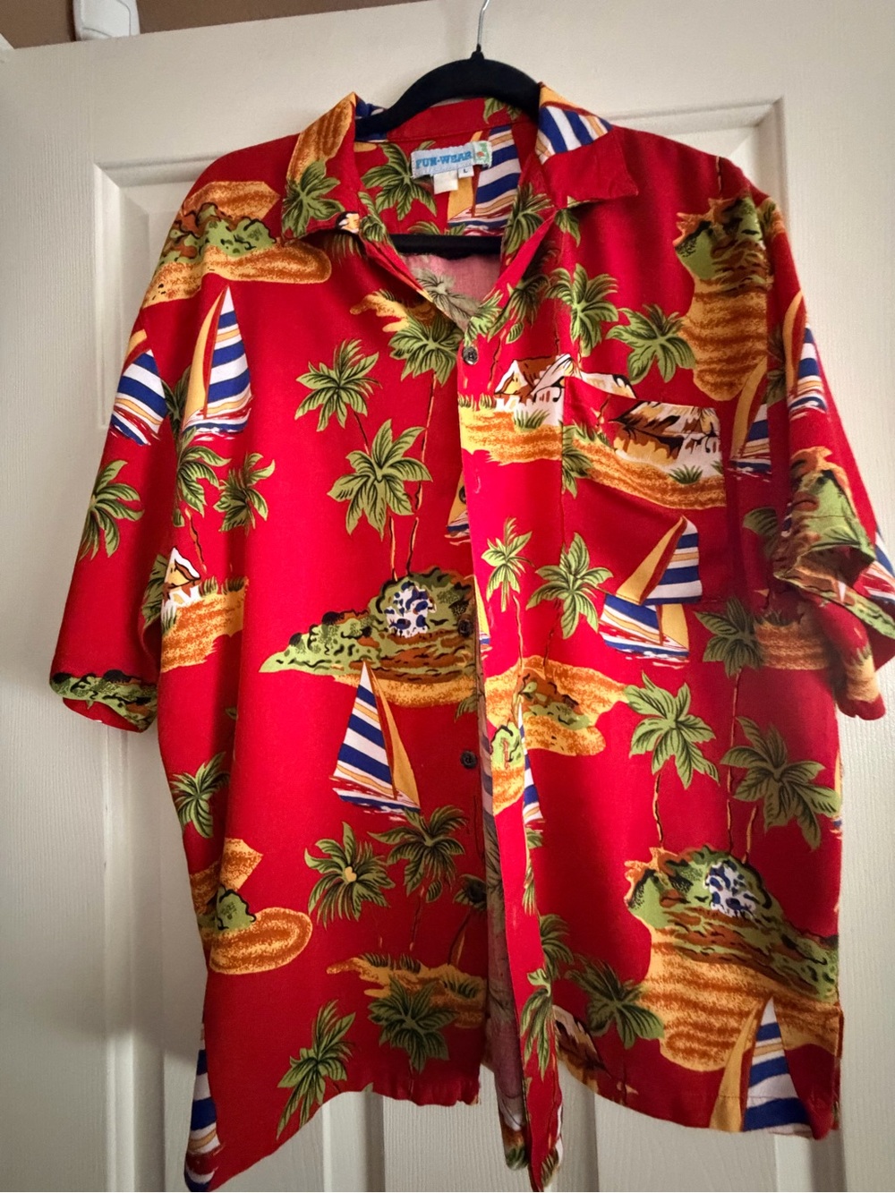 Red Tropical Print Button-Down Camp Shirt